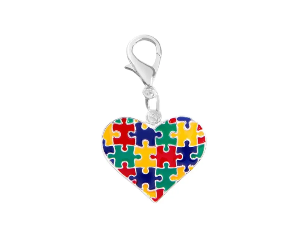 Puzzle Piece Autism Awareness Multicolored Heart Hanging Charms