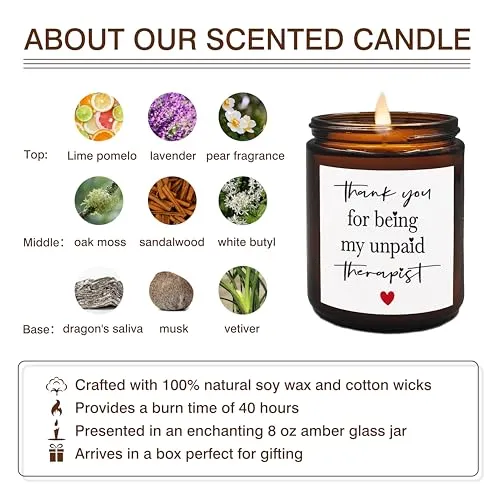 XUISWELL Thank You for Being My Unpaid Therapist Scented Candles, Thank You Candle, Thank You Gifts for Women Friends, Best Friend Friendship Bestie Gifts for Women, BFF Gifts